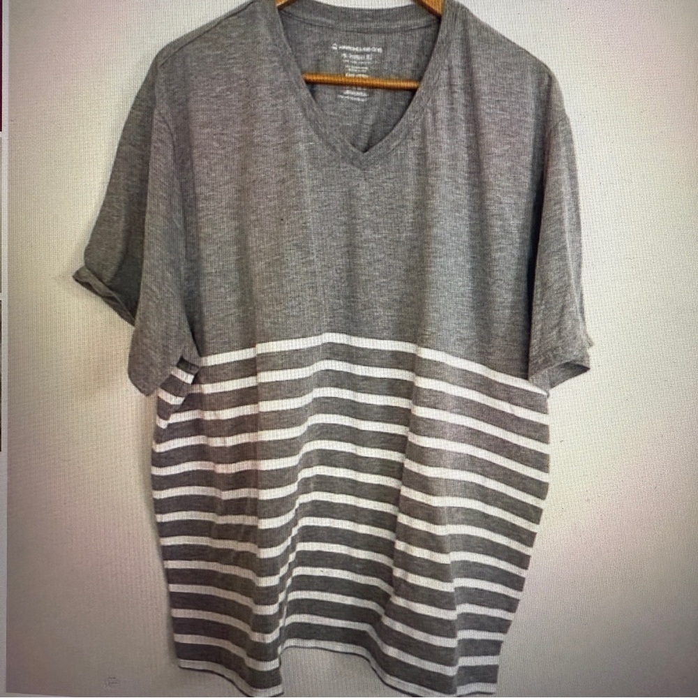 Warehouse One Woman Gray White Stripes V Neck Short Sleeve T Shirt Plus Size 3X